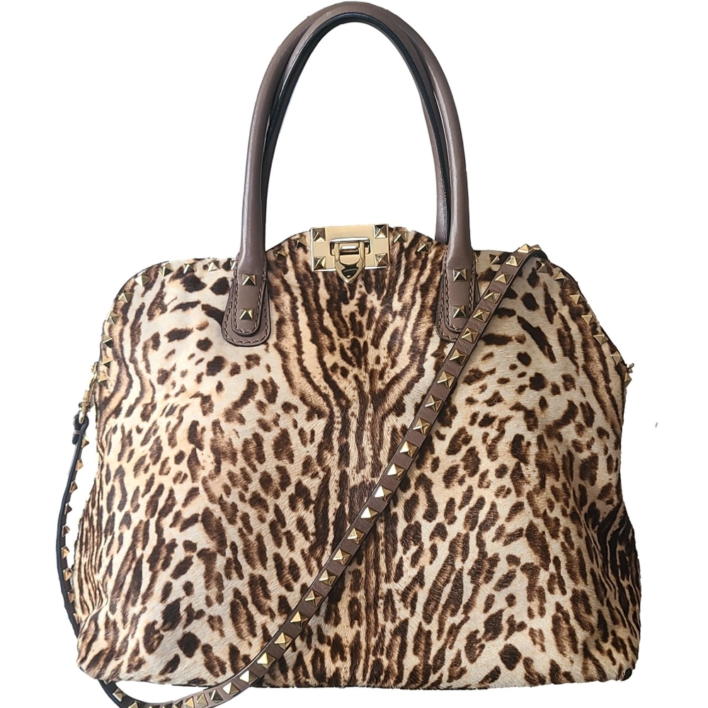 Valentino Garavani Leopard Print Studded Tote in Brown and Gold